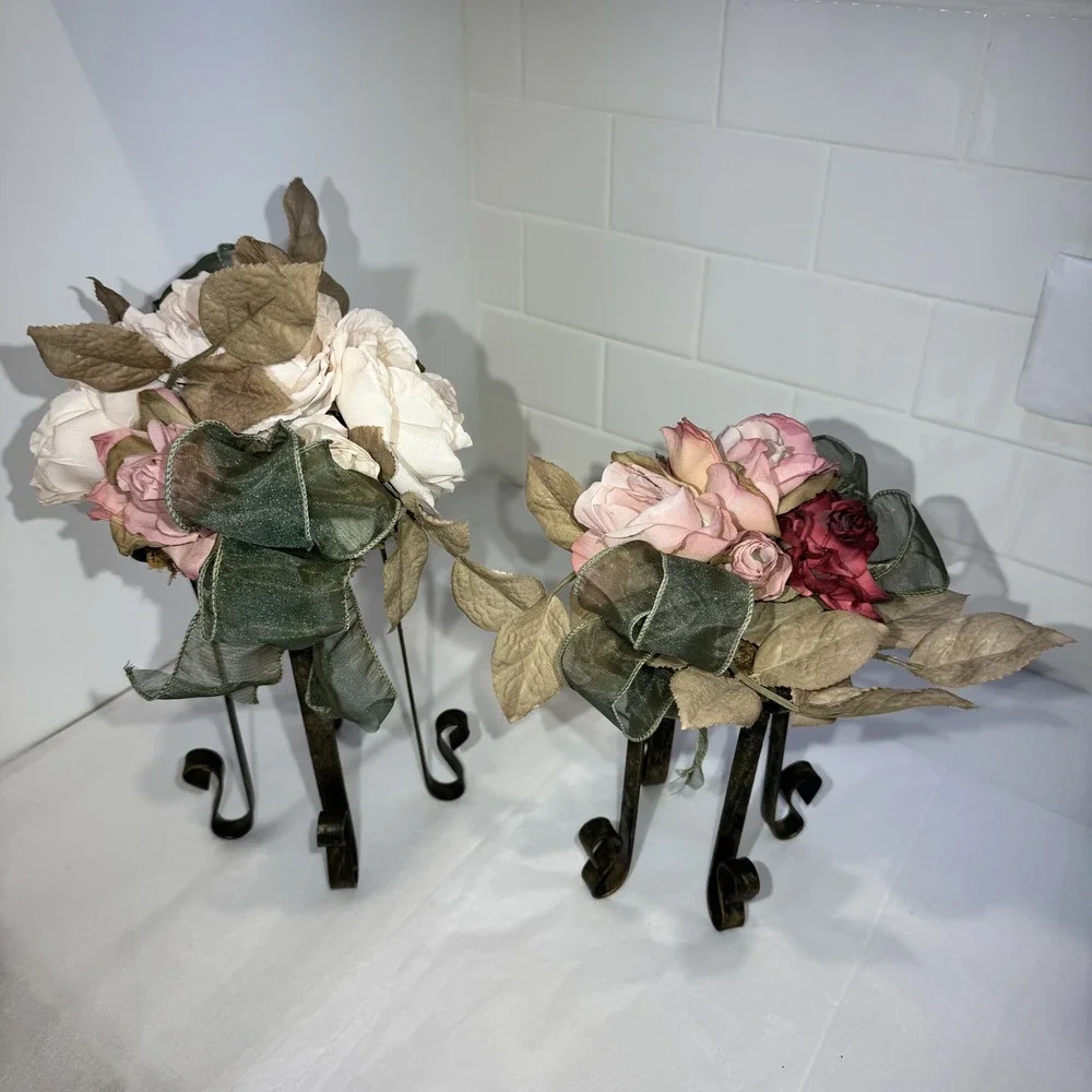 Artificial Pink/Dusty Rose/moss Flower FAUX Bouquet w Iron Legs Green Ribbon‎